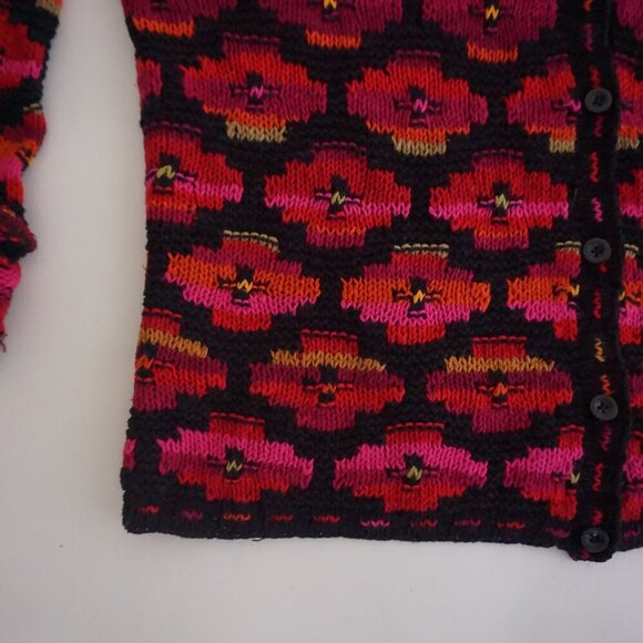 Vintage David Brooks Black Pink Hand Knit Floral Checkered Grandpa Cardigan M - Picture 7 of 9